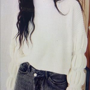 12th Tribe white cropped sweater with ruched sleeves
